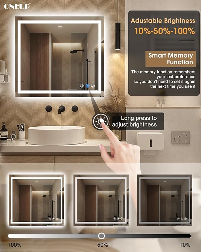 oneup 40''x36'' LED Bathroom Mirror with Lights,Front Lighted Bathroom Mirrors for Wall,Anti-Fog Vanity Mirror,Touch Button and Memory Function,Dimmable 3-Color Lights (Horizontal/Vertical)
