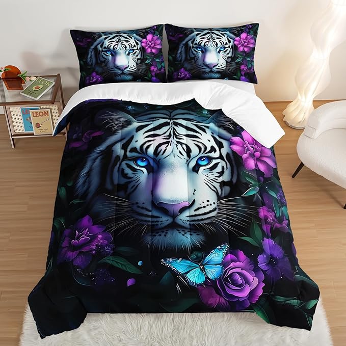 Wild Animal Themed Comforter Set Queen Size,White Leopard Floral Print Bedding Sets for Kids Teens Room Decor,Gothic Bedding All Season with 2 Pillowcases.