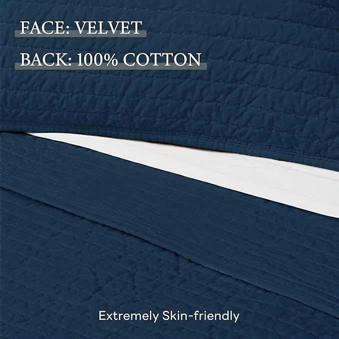 ELEGANT LIFE HOME Velvet Quilt Twin Reversible Royal Cotton Velvet Pic-Stitch Bedding Quilt - Twin - 68'' x 90'', Navy
