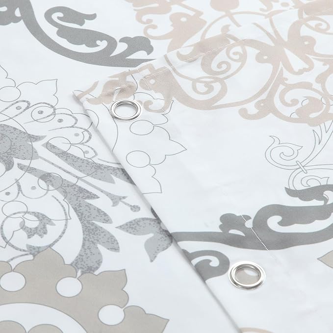 Extra Long Fabric Shower Curtain, White and Beige Boho Damask Print Shower Curtains for Bathroom, 72" W x 84" H