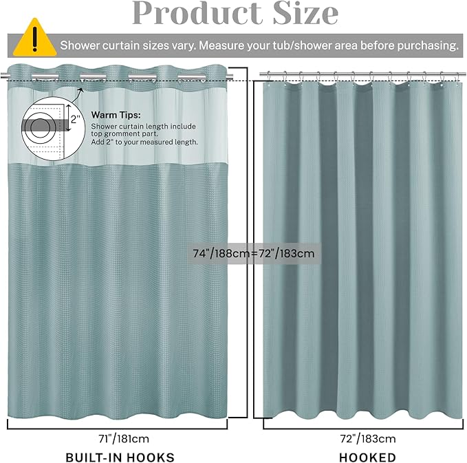 No Hook Shower Curtain with Snap in Liner Set Waffle Shower Curtain for Bathroom Hotel Style Fabric Waterproof Inner Liner，71" W x 74" H, Teal