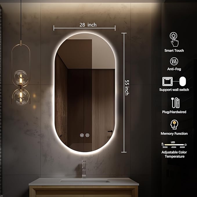Niccy Oval LED Bathroom Vanity Mirror, 55x28inch Frameless Backlit Mirror with Light, Smart Anti-Fog Waterproof Mirror with Memory Function Dimmable Lighted Mirror