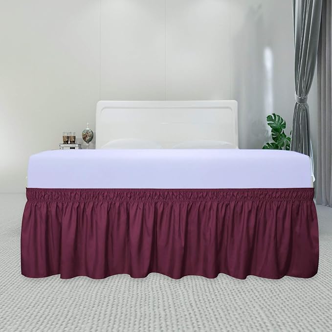 PureFit Wrap Around Ruffled Bed Skirt with Adjustable Elastic Belt - 14 Inch Drop Easy to Put On, Wrinkle Free Bedskirt Dust Ruffles, Bed Frame Cover for Queen, King and C-King Size Beds, Wine