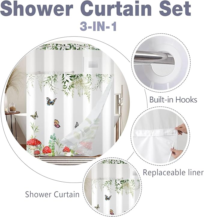 Spring Shower Curtain No Hooks with Snap-in Fabric Liner Set,Green Leaf Mushroom Butterfly Shower Curtain for Bathroom,Hotel Decor Waterproof Shower Curtains,with See Through Top Window,71W x 74H