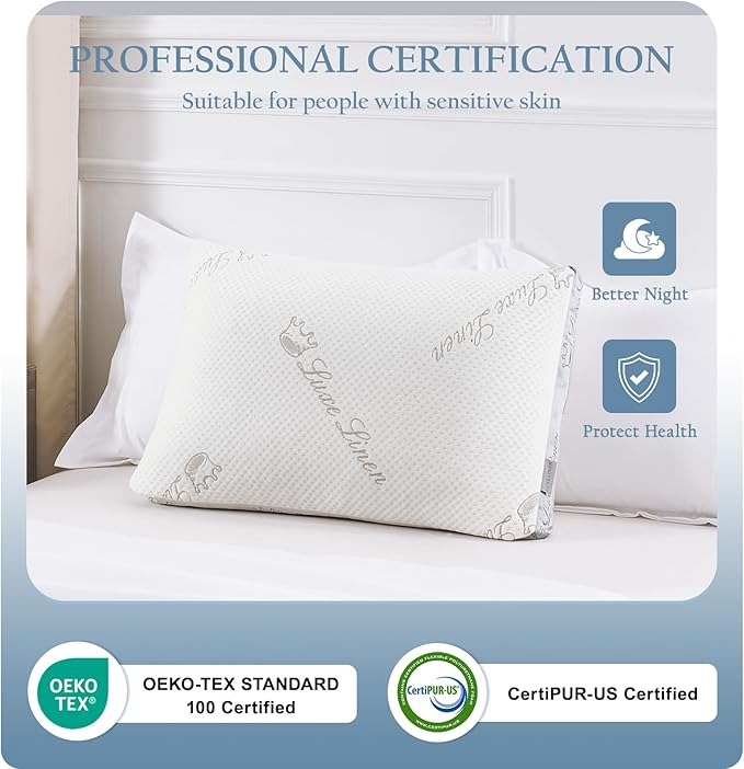 Organic Cotton Standard Bed Pillows, Shredded Memory Foam Pillows, Adjustable Bed Pillow for Sleeping, 18"x26"Organic Cotton Bed Pillows for Side, Back, Stomach Sleepers（Pack of 1）