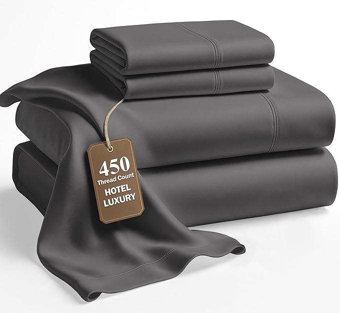 LANE LINEN California King Sheet Set – 450 Thread Count 100% Cotton Sheets, Soft & Breathable Sateen Weave, Naturally Cooling, 15” Deep Pocket Fully Elasticized Fitted, Luxury Hotel Bedding, Charcoal