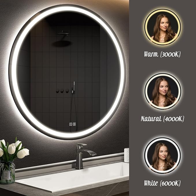APRILSOUL 24 Inch Round LED Bathroom Mirror with Lights, Makeup Mirror with Front and Backlit, Anti-Fog, 3 Colors and Dimmable Light