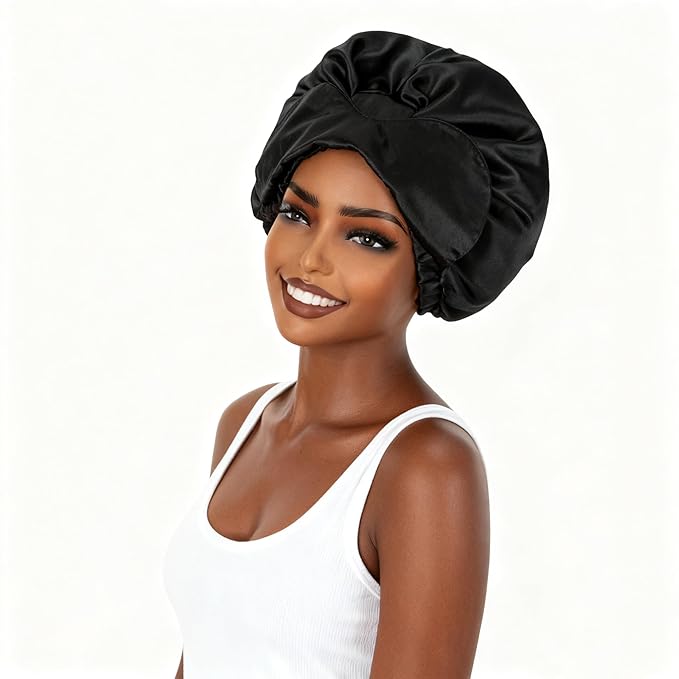 Black Satin Bonnet for Sleeping Women Adjustable Silk Hair Bonnet for Natural & Curly Hair Soft Satin Lined Bonnet Double Layer with Elastic Band Silk Sleep Cap