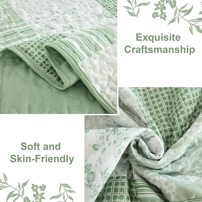 Mybedsoul Light Green Quilt Set King Size, 3 Pieces Plaid Floral Bedspread Set Patchwork Reversible Bedding Set Microfiber Lightweight Bedspread Coverlet Set for All Season 110"x90"