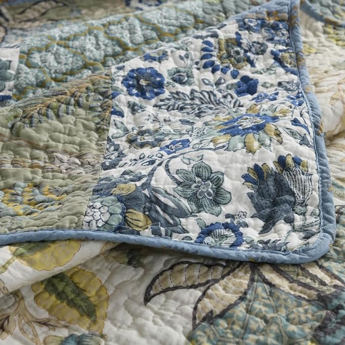 Cotton Bedspread Bedding Coverlet Quilt Sets, Reversible Vintage Branch Floral Bedspread comforters, (Rustic Sage Green Patchwork Pattern, King Size)