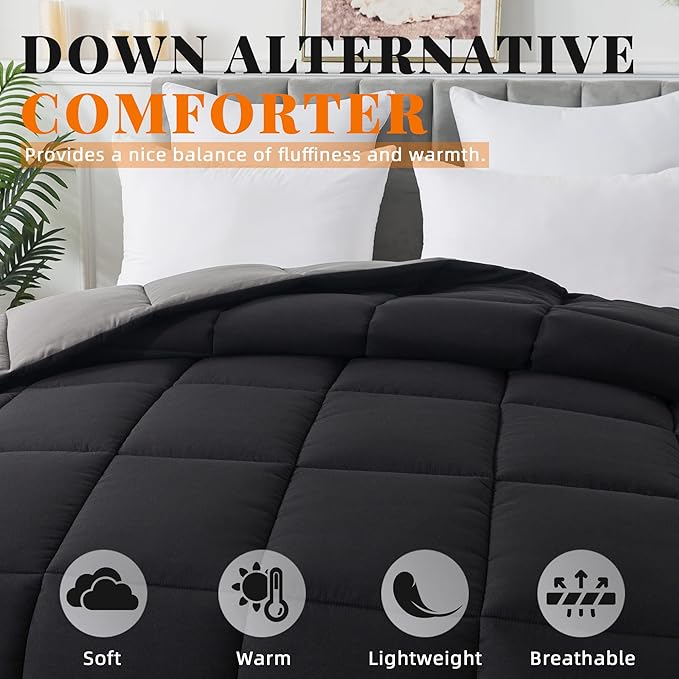 Cosybay Down Alternative Comforter (Black/Grey, Full) - All Season Soft Quilted Full Size Bed Comforter - Duvet Insert with Corner Tabs -Winter Summer Warm Fluffy, 82x86 inches