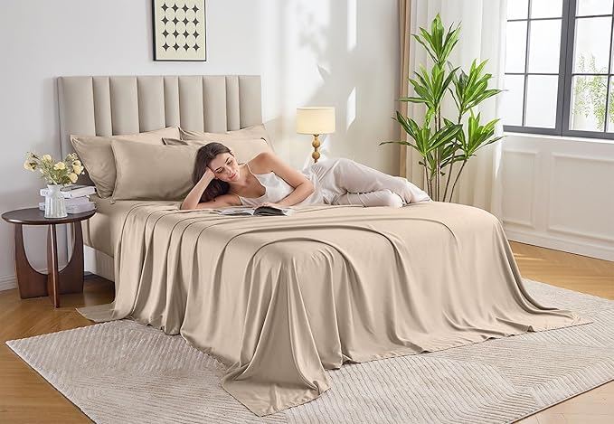Pure Bamboo Split King Sheets, Genuine 100% Organic Viscose Derived from Bamboo Bed Sheet Set, Soft & Cooling, Double Stitching *Not for Split Top (Split King, Almond)