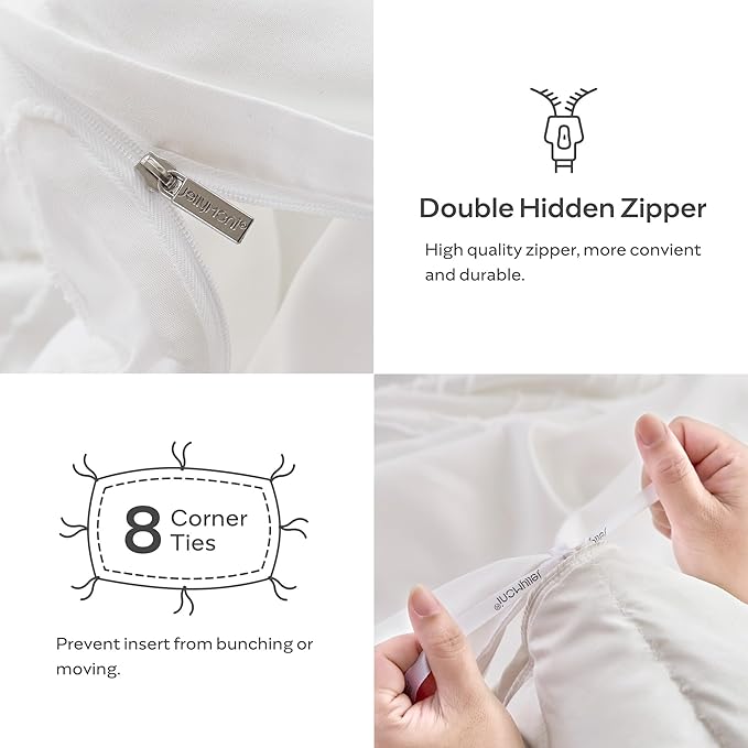 JELLYMONI Duvet Cover Queen Size White - 3PCS Boho Duvet Cover Set Plaid Polyester Tufted Bohemian Jacquard Knit Textured Comforter Cover 90×90in Rhombic Geometric Pattern Zipper Corner Tie