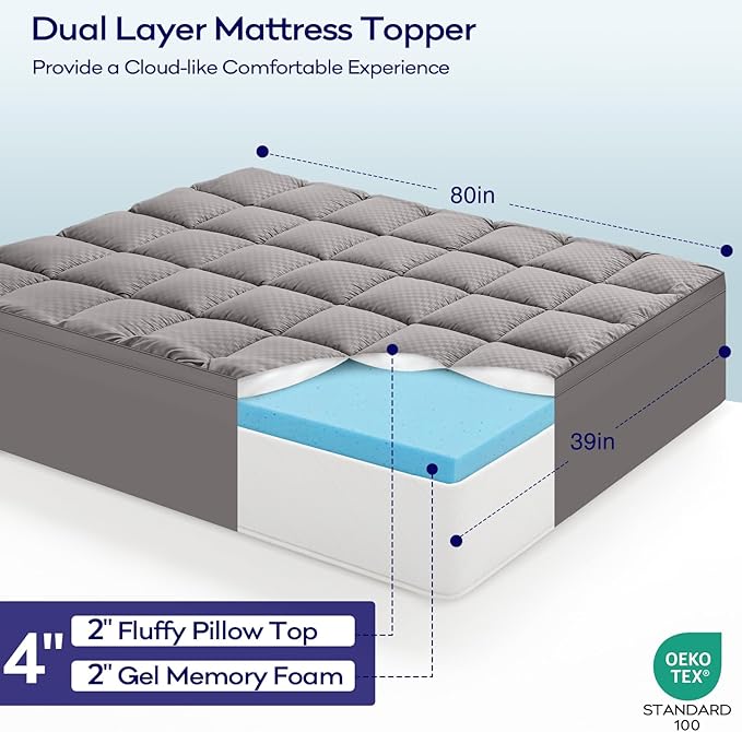 OLANLY Dual-Layer 4 Inch Twin XL Size Memory Foam Mattress Topper for College Dorm Room Essentials, 2 Inch Gel Memory Foam Topper, 2 Inch Cooling Pillow Top Mattress Pad Cover, Light Grey
