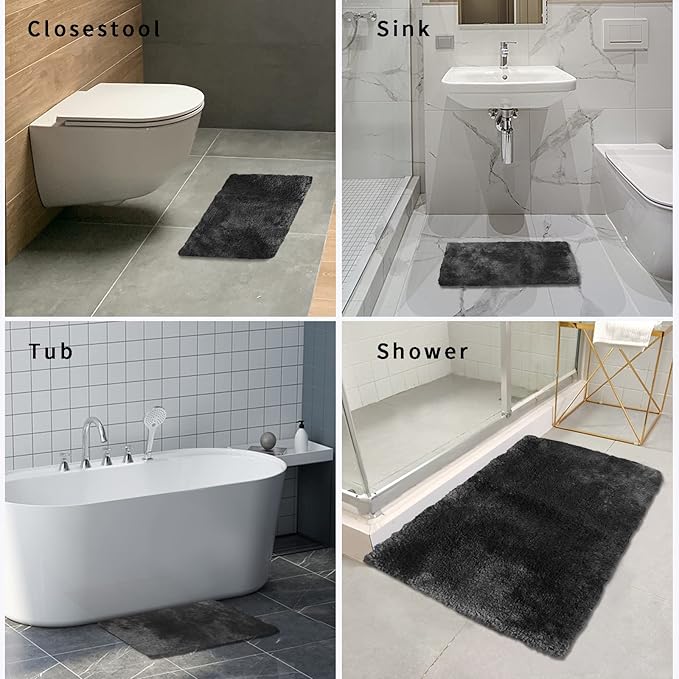 FIFU Bathroom Rugs 20" W x 32" L, Bath Mat for Bathroom, Bedroom, Laundry Room & Kitchen, Non-Slip Rubber Latex Backing, Extra Soft and Absorbent Microfiber Carpet, Machine Washable Rug, Black