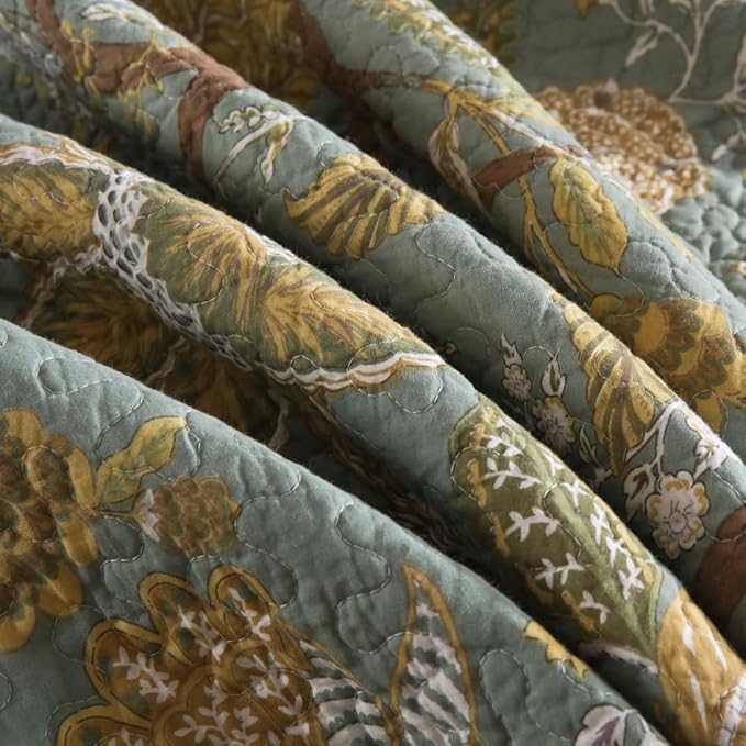 Cotton Bedspread Bedding Coverlet Quilt Sets, Reversible Vintage Branch Floral Bedspread comforters, (Rustic Sage Green Floral Pattern, Queen Size)