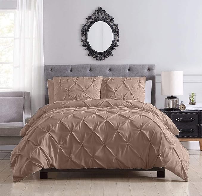 Pinch Pleated Duvet Cover Set 100% Cotton 3PC Calking Size 98x104 Duvet Cover Set, Decorative Pinch Design Taupe Duvet Cover with Matching Pillow Case