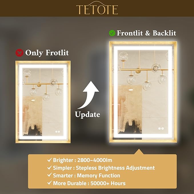 TETOTE 24 x 36 Bathroom LED Mirror Brushed Gold Metal Frame Frontlit & Backlit Anti-Fog Stepless Dimmable 3 Colors White/Warm/Natural Mirror with Lights Wall-Mounted