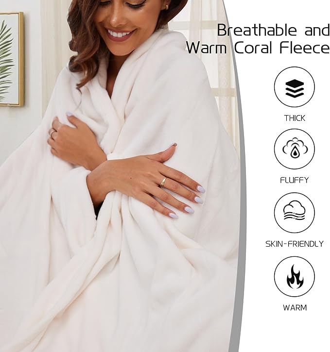 Electric Heated Blanket 72"x84" Full Size, Soft Coral Fleece with 4 Heating Levels and 10 Hours Auto-Off, Machine Washable, Cozy Plush Fabric for Home, White