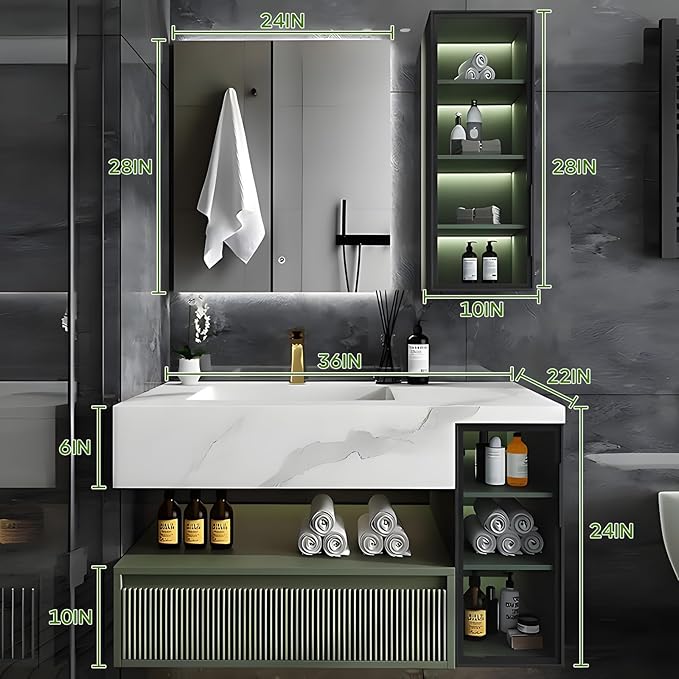 Floating Vanity for Bathroom, 36" Green Bathroom Vanity Set with LED Defog Mirror and Side Medicine Cabinet, Wall Mount Bathroom Storage Cabinet with Glass Door, Single Sink Bath Vanities - Green