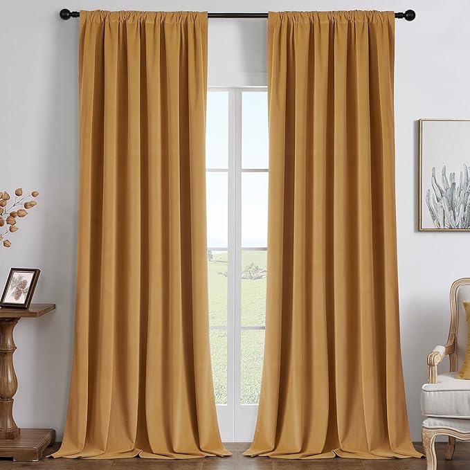 Joydeco Customized Curtains, 100% Blackout Curtains for Bedroom and Living Room, Heavy Duty Luxury Thermal Insulated Mustard Yellow Velvet Curtains Rod Pocket & Back Tab 1 Panel, Custom Size