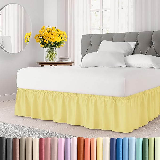 Wrap Around Dust Ruffle Bed Skirt - Yellow - Twin/Twin XL Size Beds with 18 Inch Drop - Easy Fit Elastic Strap - Adjustable Pleated Bedskirt w/Brushed Fabric - Wrinkle Free - Women, Men, Kids & Teens