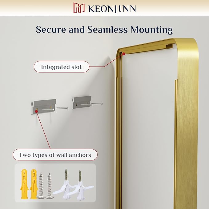 Keonjinn Gold Bathroom Mirrors for Over Sink 42” x 36” Large Brushed Brass Metal Framed Mirror, Rounded Rectangle Bathroom Vanity Mirror, HD Tempered Glass Modern Mirror for Wall(Horizontal/Vertical)