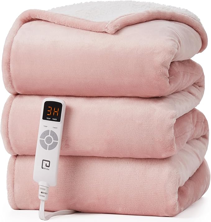 EHEYCIGA Heated Blanket Electric Blanket Twin - Heating Blanket with 5 Heating Levels & 10 Hours Auto Off, Soft Cozy Sherpa Washable Blanket with Fast Heating, 62 x 84 Inches, Pink