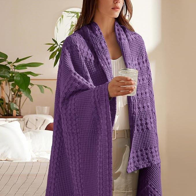 PHF 100% Cotton Waffle Weave Throw Blanket, Soft Lightweight Breathable Cozy Throws for Couch Bed Sofa, Luxury Aesthetic Woven Blanket for Home Decor & Office, 50"x60", Grape