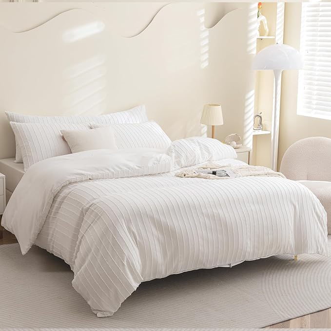 JELLYMONI Duvet Cover Super King Size White - 3PCS Boho Striped Duvet Cover Set Polyester Tufted Bohemian Textured Comforter Cover 116×98in with Corner Ties & Zipper and 2 Pillowcases