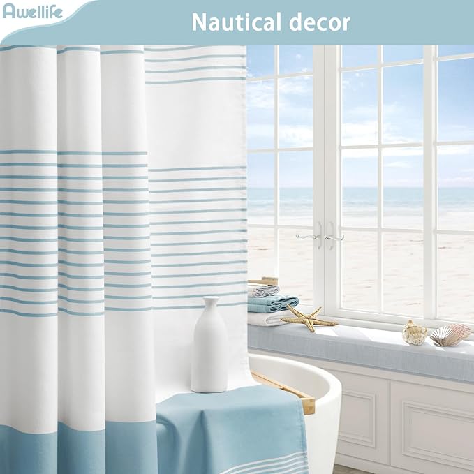 Awellife Blue Shower Curtain Beach Ocean Coastal Nautical Shower Curtain for Bathroom Stripe Tassel 72 X 72 Inches Cotton