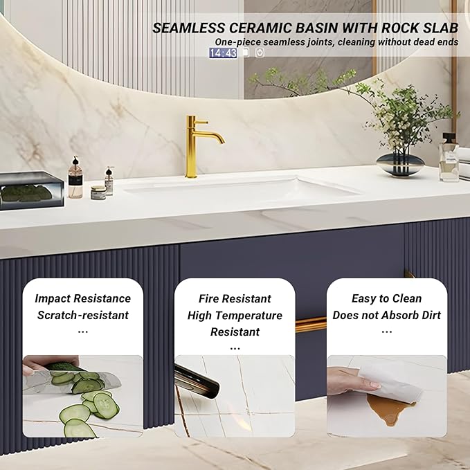 Bathroom Vanity with Double Sink, Modern Bathroom Vanities Compo Includes LED Smart Defogging Mirror Cabinet and Open Shelf, Solid Wood Bathroom Sink Vanity with Slate Countertop (Dark Grey,60")