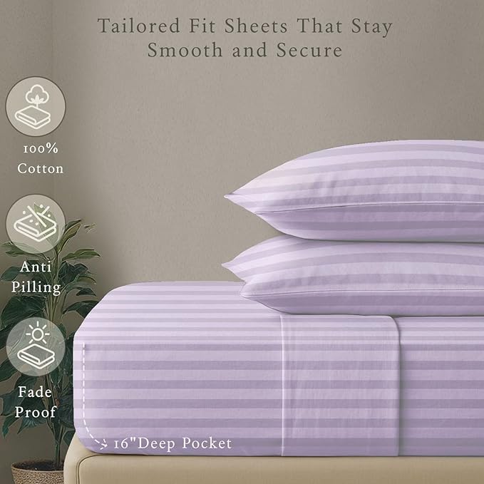 Threadmill 500 Thread Count Full-Size Damask Stripe, 4 Pc Luxury Cotton Bedding Set, Silky Smooth Lilac Sheets with 16" Elasticized Deep Pocket, 2 Pillowcases & Free Tote Bag