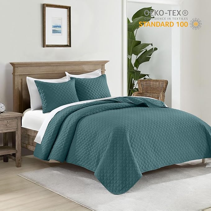 HORIMOTE HOME Quilt Queen Size Teal Blue, Lightweight Quilt for Summer Ultra-Soft Microfiber Modern Style Quilted Clouds Pattern Bedspread Quit Set 3 Pieces(1 Quilt and 2 Pillow Shams)
