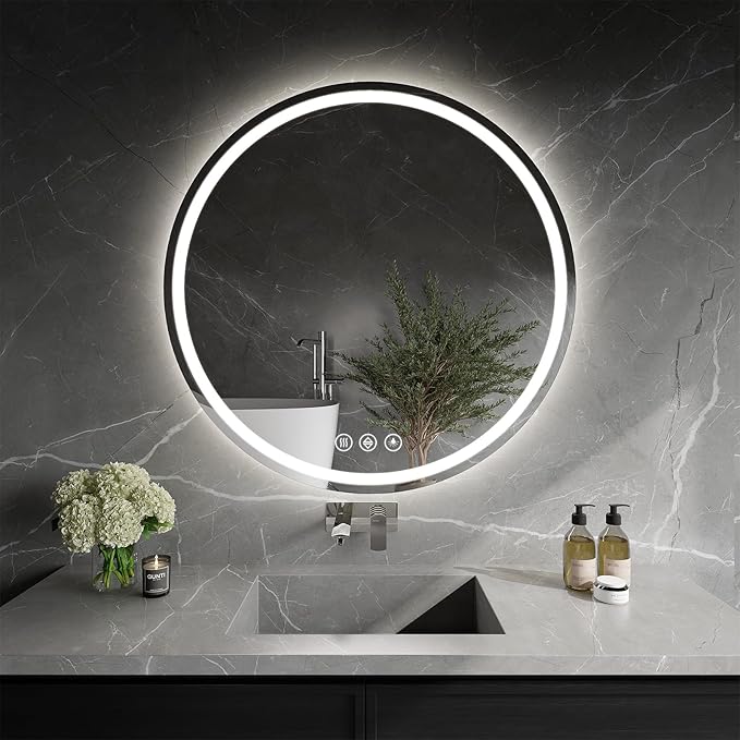LED Bathroom Mirror 24 Inch Round Bathroom Mirror with Lights, Circle LED Mirror, Wall Mounted Lighted Bathroom with 3 Colors Brightness, Anti-Fog, Dimmable, Shatter-Proof