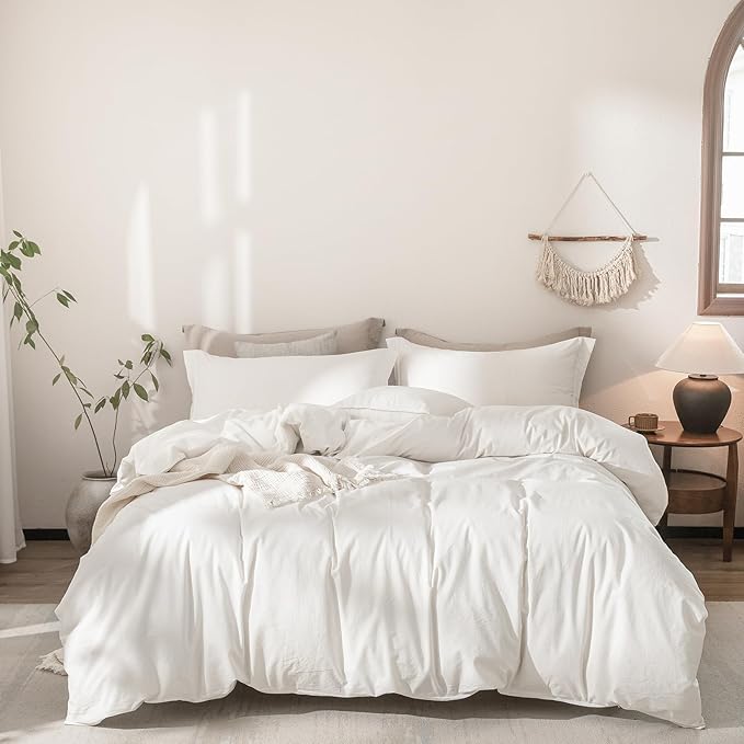 Off White Duvet King Size 100% Washed Cotton Bedding Set Cover 1 Duvet Cover Zipper Closure and 2 Pillowcases, 104inch x 90inch