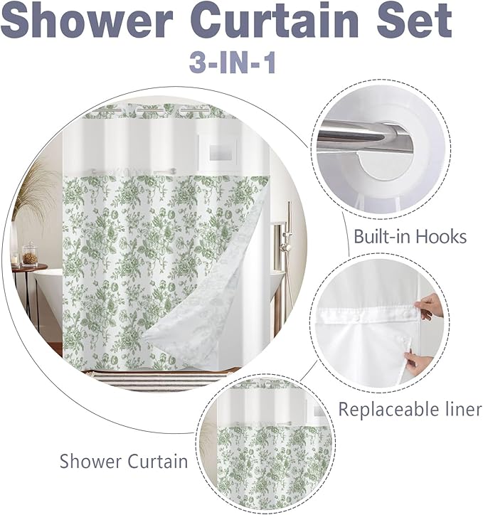 Floral Shower Curtain No Hooks with Snap in Fabric Liner Set,Spring Farmhouse Shower Curtain Hotel Bathroom Decor,with See Through Top Window,Green Flowers Fabric Waterproof,71x74 Inch