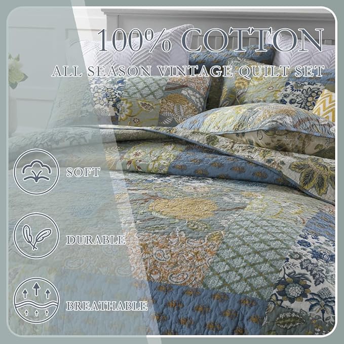 Cotton Bedspread Bedding Coverlet Quilt Sets, Reversible Vintage Branch Floral Bedspread comforters, (Rustic Sage Green Patchwork Pattern, King Size)