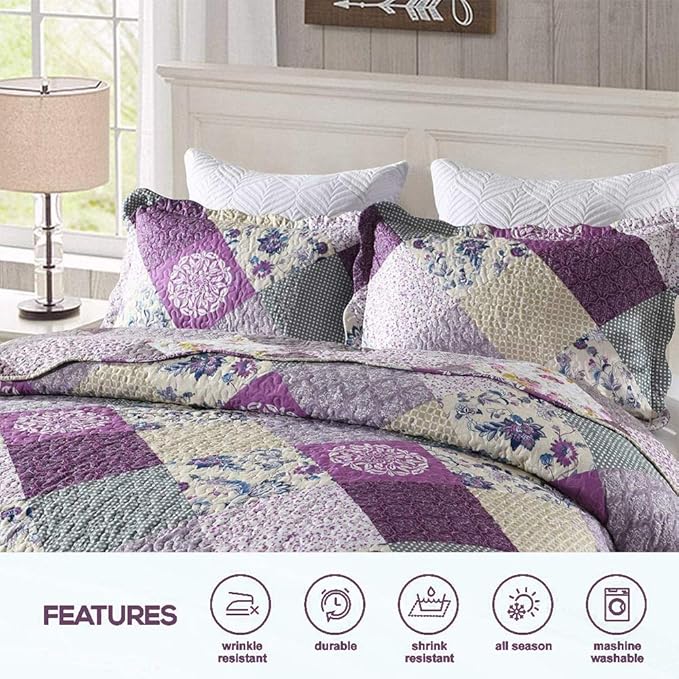 ENJOHOS Purple Patchwork Quilt Queen Size, 3Pc Floral Plaid Queen Bedspread Coverlet Set for All Seasons, Soft Reversible Microfiber Lightweight Bed Cover