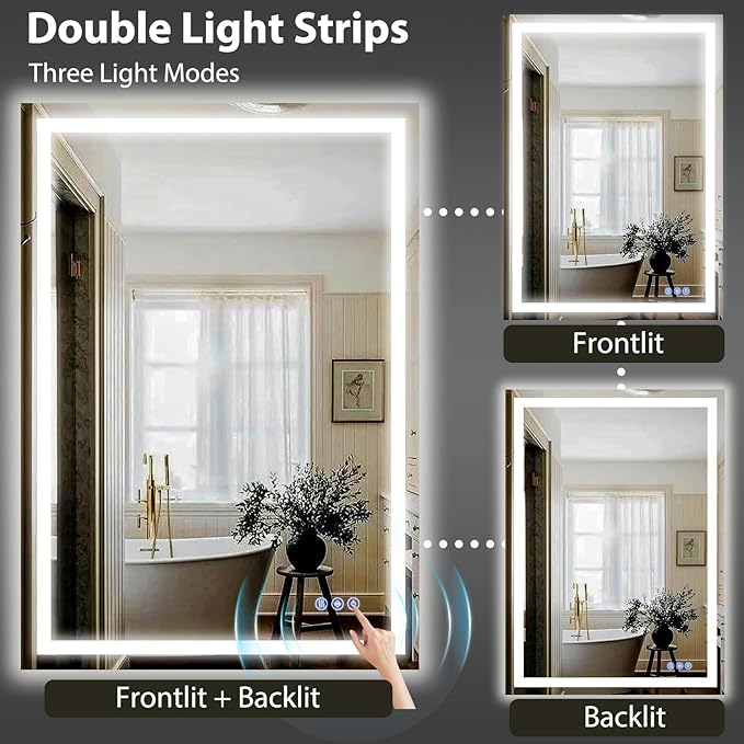 GLSLAND LED Bathroom Mirror - 24"x32" Anti-Fog Wall Mirrors with Memory Function, Dimmable, Frontlit & Backlit, Horizontally/Vertically, Tempered Glass