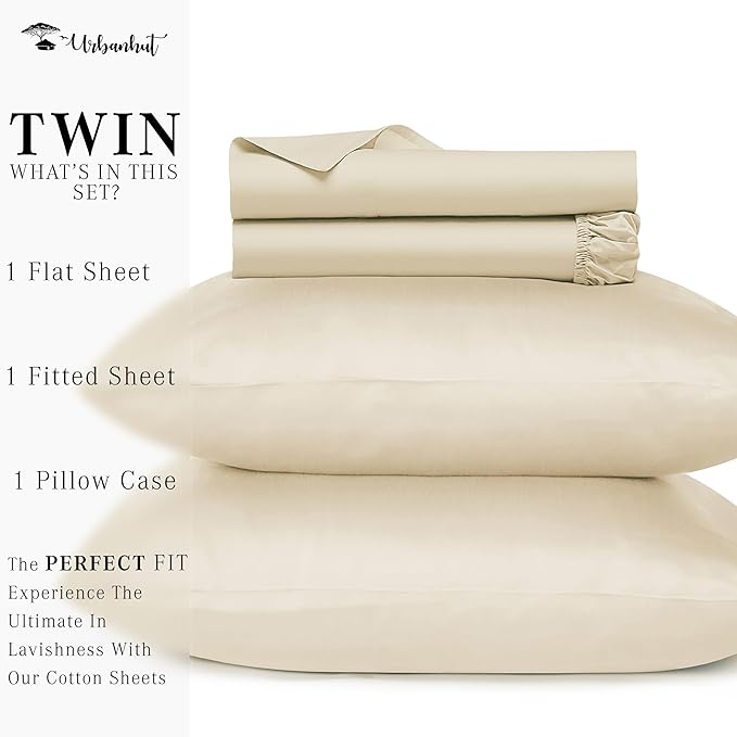 URBANHUT 1000 Thread Count Egyptian Cotton Twin Sheets, Long Staple Soft & Breathable, 3 Pc Bed Sheet Sets, Luxury Hotel Sateen Sheets Fits 16" Deep Pocket - Ivory
