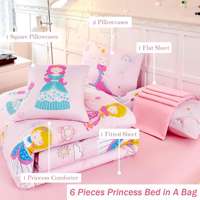 ANGIYUIN Pink Princess Queen Bedding Set Cartoon Rainbow Kids Bed Set Cute Fairy Tales Castle Bedding Set for Girls(1 Comforter, 1 Flat Sheet, 1 Fitted Sheet, 2 Pillowcases,1 Square Pillowcases)