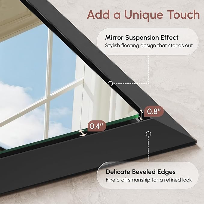 USHOWER Black Bathroom Mirrors for Over Sink, 24x32 Inch Beveled Rectangular Bathroom Vanity Mirror, Brushed Thick Aluminum Framed, Anti-Rust, 4mm Copper-Free Silver Wall Mirror