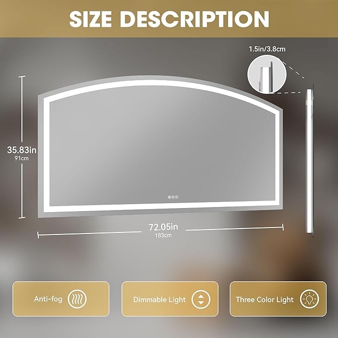 Hasipu 72x36 Inch LED Bathroom Mirror Arch Vanity Mirror with Lights Frontlit Smart Touch Sensor Dimmable 3 Colors Temperature Shatterproof Wall-Mounted Vanity Mirror Metal Frame