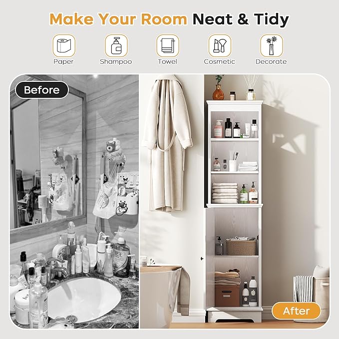 Tall Bathroom Storage Cabinet with Door and Open Adjustable Shelves, 60.9" H Wooden Tower Corner Narrow Farmhouse Cabinet, Freestanding Organizer for Kitchen, Entryway White