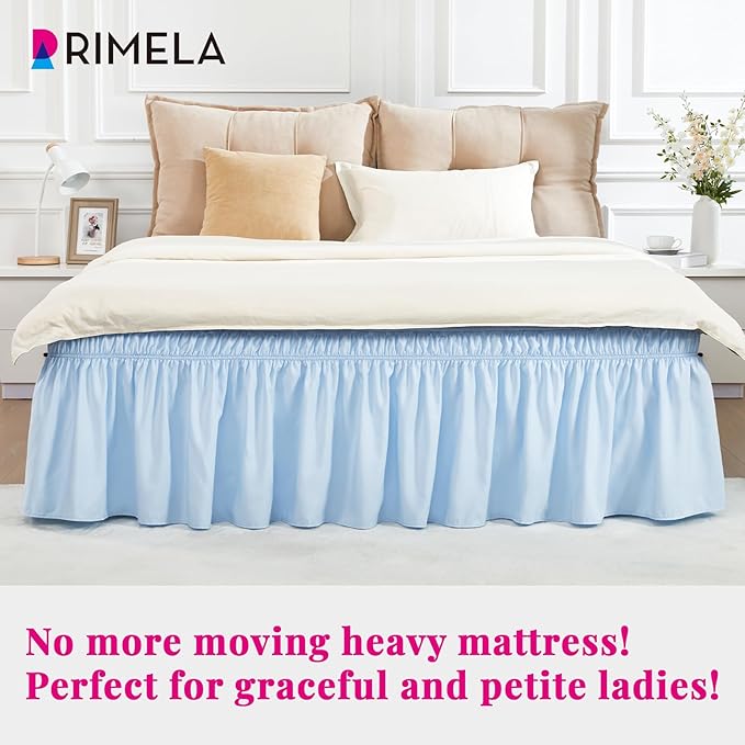 RIMELA Light Blue Bed Skirt Queen Size 15 Inch Drop, Elastic Bed Skirting for Bed Base and Frame, Bedding Dust Ruffle Easy to Install, Lightweight Wrap Around Adjustable Bedskirt