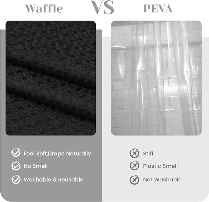 No Hook Shower Curtain with Snap in Liner Set Waffle Shower Curtain for Bathroom Hotel Style Fabric Waterproof Inner Liner，71" W x 80" H, Black