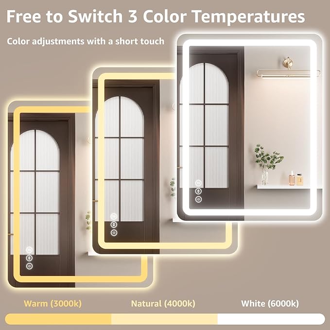 40" x 36" Led Bathroom Mirror with Lights, Anti-Fog & Tri-Color Lighting - Wall Mounted Shaving Mirror with Touch Sensor, Waterproof & Smart LED Vanity Mirror,Tempered Glass, Dimmable Smart Mirror