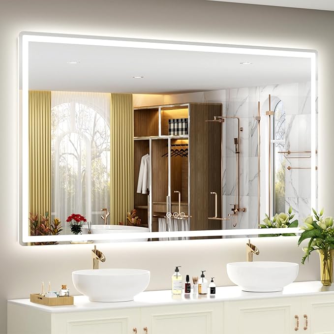 SMIROR LED Bathroom Mirror with Lights 66"x 40", Rounded Rectangle Lighted Vanity Mirror for Wall, Front Lit and Backlit, 3 Colors, Dimmable, Anti-Fog, Tempered Glass (Horizontally/Vertically)