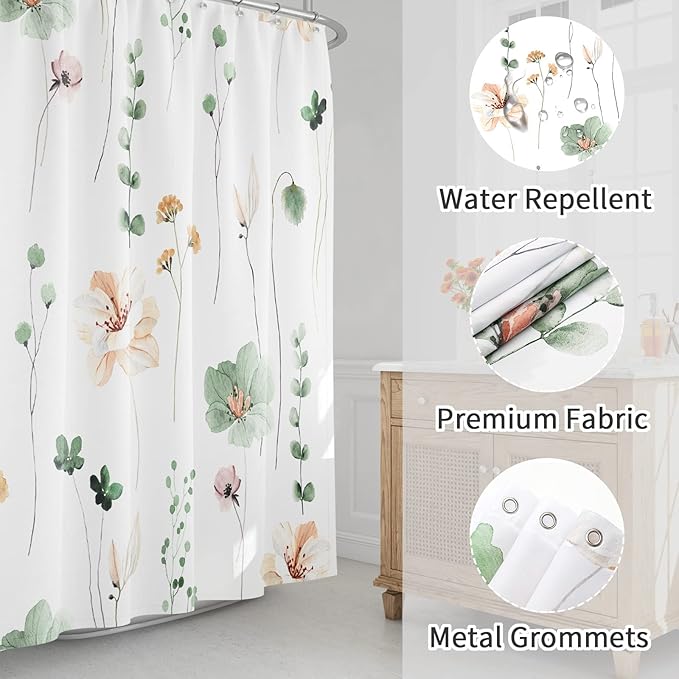 Gibelle Extra Long Shower Curtain 72 x 84, Watercolor Floral Fabric Shower Curtain, Sage Green Beige Flower Decorative Bathroom Shower Curtain Set with Hooks